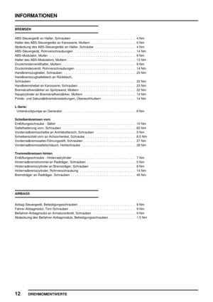 Page 97INFORMATIONEN
12
DREHMOMENTWERTE
BREMSEN
ABS-Steuergerät an Halter, Schrauben 4 Nm...................................
Halter des ABS-Steuergeräts an Karosserie, Muttern 6 Nm.........................
Abdeckung des ABS-Steuergeräts an Halter, Schraube 4 Nm.......................
ABS-Steuergerät, Rohrverschraubungen 14 Nm..................................
ABS-Modulator, Mutter 9 Nm................................................
Halter des ABS-Modulators, Muttern 13 Nm.........................................