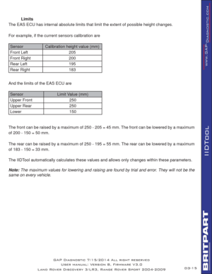 Page 2915
IIDTool
GAP Diagnostic 7/15/2014 All right reserved
User manual: Version 8, Firmware V3.0
Land Rover Discovery 3/LR3, Range Rover Sport 2004-2009
 Limits
The EAS ECU has internal absolute limits that limit the extent of possible height changes. 
 
For example, if the current sensors calibration are
Sensor Calibration height value (mm)
Front Left 205
Front Right 200
Rear Left 195
Rear Right  183
 
And the limits of the EAS ECU are 
 
Sensor Limit Value (mm)
Upper Front  250
Upper Rear 250
Lower 150...