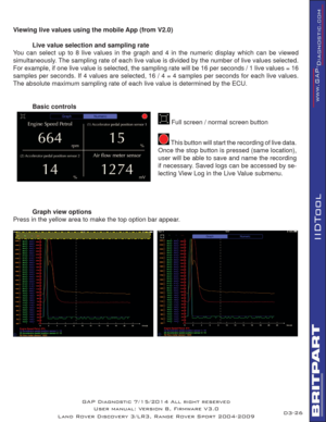 Page 4026
IIDTool
Viewing live values using the mobile App (from V2.0)
  Live value selection and sampling rate 
You can select up to 8 live values in the graph and 4 in the numeric display which can be viewed 
simultaneously. The sampling rate of each live value is divided by the number of live values selected. 
For example, if one live value is selected, the sampling rate will be 16 per seconds / 1 live values = 16 
samples per seconds. If 4 values are selected, 16 / 4 = 4 samples per seconds for each live...