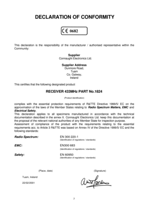 Page 77 DECLARATION OF CONFORMITYThis declaration is the responsibility of the manufacturer / authorised representative within the
Community:
Supplier
Connaught Electronics Ltd.
Supplier Address
Dunmore Road,
Tuam
Co. Galway,
Ireland
This certifies that the following designated product
RECEIVER 433MHz PART No.1824
(Product identification)
complies with the essential protection requirements of R&TTE Directive 1999/5/ EC on the
approximation of the laws of the Member States relating to Radio Spectrum Matters,...