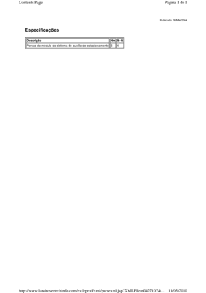 Page 46   
Especificações  
  
Publicado: 16/Mai/2004
Descrição Nm lb-ft 
Porcas do módulo do sistema de auxílio de estacionamento 5 4 
Página 1 de 1Contents Page
11/05/2010http://www.landrovertechinfo.com/extlrprod/xml/pars exml.jsp?XMLFile=G427107&... 