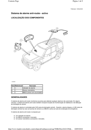 Page 67   
Sistema de alarme anti-roubo - activo   
LOCALIZAÇÃO DOS COMPONENTES 
 
   
GENERALIDADES 
O sistema de alarme anti-roubo monitoriza as portas  para detectar qualquer abertura não autorizada. Em  alguns 
veículos, o sistema de alarme anti-roubo também inc orpora funções de monitorização do habitáculo e de detecção 
de inclinação do veículo.    
O sistema de alarme é controlado pela CJB (caixa de  derivação central) . Quando o alarme dispara, a CJB (caixa de 
derivação central) faz soar as buzinas do...