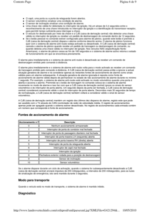 Page 72 
O capô, uma porta ou a porta da retaguarda forem abertos.  
O sensor volumétrico sinalizar uma condição de alarme.  
O sensor de inclinação sinalizar uma condição de alarme.  
Uma chave não válida for detectada no interruptor da ignição. Há um atraso de 0,4 segundos entre o 
reconhecimento de uma chave introduzida no interrup tor da ignição e a identificação do transmissor-
receptor, 
para permitir tempo suficiente para interrogar a chave.  
O veículo for destrancado por meio da chave e a CJB  (caixa...