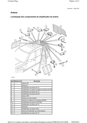 Page 84   
Antena   
Localização dos componentes do amplificador da antena 
 
 
Publicado: 11/Ago/2004
ItemReferênciaDescrição
1  Antena FM
2  Supressor
3  Amplificador da antena de TV
4  Amplificador do sistema múltiplo de antenas de FM
5  Amplificador da antena de TV
6 -Amplificador da antena de FM
7 -Antena GPS
8 -Antenas do vidro traseiro
9 -Antenas do telefone e do sistema SDARS
10 -Amplificador da antena VICS/TMC
11 -Amplificador da antena de TV
12 -Supressor
13 -Amplificador da antena VICS
14 -Antenas de...