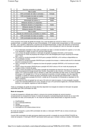 Page 94  
A HU incorpora uma função de gestão de energia. Se o nível da bateria do veículo for inferior a um nível 
predeterminado, a unidade restringe as suas funcion alidades. A HU recebe sinais transportados no CAN (co ntrolador 
de rede) , que a ajudam a determinar o processo de activação/desactivação. A seguir são descritos os fenómenos 
que desencadeiam a activação/desactivação quando se  inicia o ciclo de ignição por meio do interruptor da ignição. 
 
Se for detectada actividade no Bus CAN (controlador...