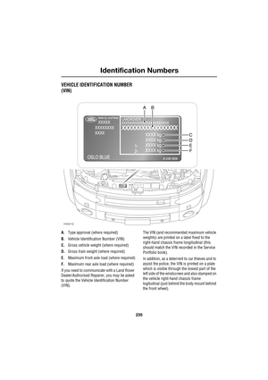 Page 29235
Identification Numbers
R
Identification NumbersVEHICLE IDENTIFICATION NUMBER 
(VIN)
A.Type approval (where required)
B.Vehicle Identification Number (VIN)
C.Gross vehicle weight (where required)
D.Gross train weight (where required)
E.Maximum front axle load (where required)
F.Maximum rear axle load (where required)
If you need to communicate with a Land Rover 
Dealer/Authorised Repairer, you may be asked 
to quote the Vehicle Identification Number 
(VIN).
The VIN (and recommended maximum vehicle...