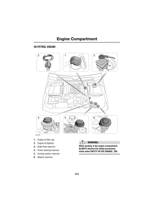 Page 7213
Engine Compartment
R
Engine CompartmentV8 PETROL ENGINE
1.Engine oil filler cap.
2.Engine oil dipstick.
3.Brake fluid reservoir.
4.Power steering reservoir.
5.Cooling system reservoir.
6.Washer reservoir.
WARNING:
While working in the engine compartment, 
ALWAYS observe the safety precautions 
listed under SAFETY IN THE GARAGE, 209.
213
456
H5879L 