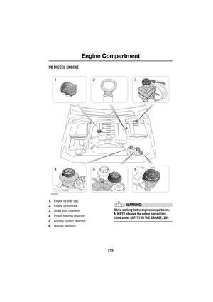 Page 9215
Engine Compartment
R
V6 DIESEL ENGINE
1.Engine oil filler cap.
2.Engine oil dipstick.
3.Brake fluid reservoir.
4.Power steering reservoir.
5.Cooling system reservoir.
6.Washer reservoir.
WARNING:
While working in the engine compartment, 
ALWAYS observe the safety precautions 
listed under SAFETY IN THE GARAGE, 209
123
456
H5658L 