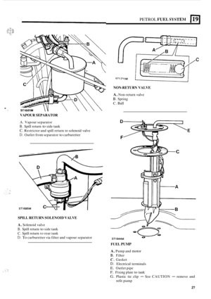 Page 235PETROL FUEL SYSTEM 119 
. 
VAPOUR SEPARATOR 
A. Vapour separator 
B. Spill  return to side tank 
C. Restrictor  and spill  return  to solenoid  valve 
D. Outlet from separator to carburetter 
SPILL RETURN  SOLENOID VALVE 
A. Solenoid valve 
B. Spill  return to side tank 
C.  Spill  return  to rear  tank 
D. To carburetter  via filter and vapour  separator 
NON-RETURN VALVE 
A. Non-return valve 
B. Spring 
C. 
Ball 
We 8 ST1844M 
FUEL PUMP 
A. Pump  and motor 
B. Filter 
C. Gasket 
D. Electrical...