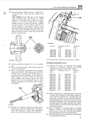 Page 285~~77 FIVE SPEED GEARBOX 137 
L ~ 
,?-:;a. . 1. 
,.,E*.a . i 
142. 
On early models:  With the aid of a suitable  press, 
fit  the  fifth  gear,  collar  and  new circlip  to the 
layshaft. 
Later models: Fit the  fifth  gear  to the  layshaft 
using  a  suitable  press  and  loosely 
fit a NEW 
special nut. To tighten  the  nut,  hold the gearbox 
firmly  in  a Vice  and 
if necessary  use a flange 
holding  wrench to restrain  the  gearbox. Tighten 
the nut to 204  to 231 Nm (150  to 170 Ib ft). To...