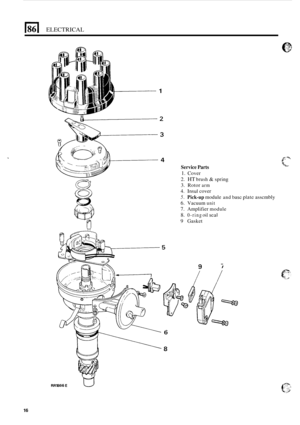 Page 556ELECTRICAL 
1 
Y .% I .L- I Y Service Parts 
1. Cover 
2. HT brush & spring 
3. Rotor arm 
4. Insul cover 
5. Pick-up module and base platc asscmbly 
6. Vacuum unit 
7. Amplifier module 
8. 0-ring oil scal 
9 Gasket 
16 
W 
RRl866 E U  