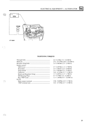 Page 563ELECTRICAL EQUIPMENT- ALTERNATOR 
ST1286M 
TIGHTENING TORQUES 
Through bolts ..................................................... 
Rectifier fixing bolts ............................................. 
SRE Cover ...................................................... 
Brush  Box ....................................................... 
Surge Diode .................................................... 
Brush  and Regulator  fixing ................................. 
D/E Bearing Plate...