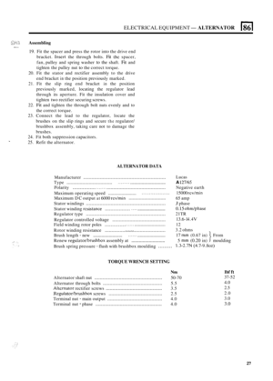 Page 567ELECTRICAL EQUIPMENT- ALTERNATOR 
f:::,;;:: :!, ...... ,+;sir. :.: .. Assembling ...... e,.. 
19. Fit the  spacer  and press  the rotor  into the drive  end 
bracket. 
Tnsert the  through  bolts. Fit the spacer, 
fan,  pulley  and spring  washer 
to the shaft. Fit and 
tighten  the pulley  nut 
to the correct  torque. 
20.  Fit the  stator  and rectifier  assembly  to the  drive 
end  bracket 
in the position  previously  marked. 
21. Fit the  slip  ring  end bracket in the position 
previously  marked,...