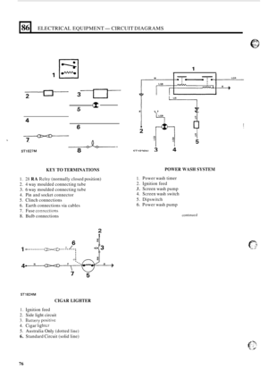 Page 61686 
2 311 
ELECTRICAL EQUIPMENT- CIRCUIT DIAGRAMS 
E 
- T 
A- 
7 
ST1827M 8 
KEY TO TERMINATIONS 
1. 28 RA Rclay (normally closed position) 
2. 4 way moulded  connecting  tube 
3. 6 way moulded  connecting  tube 
4. Pin and  socket  connector 
5. Clinch  connections 
6. Earth connections  via cables 
7. Fuse conneclions 
8. Bulb  connections 
2 t 
ST1824M 
CIGAR  LIGHTER 
1 
,7 Y 
POWER  WASH SYSTEM 
1. Power wash timer 
2. Ignition  feed 
3. Screen wash pump 
4. Screen  wash switch 
5.  Dipswitch 
6....