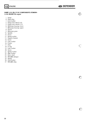 Page 64412 
SUMP AND OIL PUMP COMPONENTS ST3065M - 
LAND ROVER Tdi engine 
ENGINE DEFENDER 
1. Sump 
2. Drain plug 
3. Joint washer 
4. Flange  bolt M8x20 (8) 
5. Flange  bolt M8x60 (1 2) 
6. 
Oil pump  housing  lower 
7. Oil pump housing  upper 
8.  Dowel 
9. Oil pump  gears 
10. Spindle 
11. Screw 
12. Spring  washer 
13. Support  bracket 
14.  Screw 
15. Lock  washer 
16. Casket 
17. 
Filter 
18. 0 ring 
19. Lock  washer 
20.  Screw 
21. Spring  washer 
22.  Plain  washer 
23.  Drive  shaft 
24. 
Oil relief...