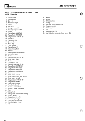 Page 646e DEFENDER 
FRONT COVER  COMPONENTS ST3064M - LAND 
ROVER Tdi engine 
1. 
2. 
3. 
4. 
5. 
6. 
7. 
8. 
9. 
10. 
11. 
12. 
13. 
14. 
15. 
16. 
- 17. 
7 8. 
19. 
20. 
21. 
22. 
23. 
24. 
25. 
26. 
27. 
28. 
29. 
30. 
31. 
32. 
33. 
34. 
35. 
36. 
37. 
38. 
39. 
40. 
41. 
42. 
43. 
44. 
45. 
46. 
47. 
48. 
49. 
50. 
51. 
Viscous  unit 
Fan 
assemb!y 
Bolt (4) 
Plain  washer (4) 
Pulley 
Screw 
(4) 
Spring  washer (4) 
Water pump assembly 
Gasket  Flange 
bolt M8x85 (2) 
Flange  bolt M8x75 (1) 
Flange screw...