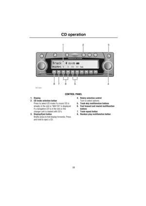 Page 29CD operation
28
C D ope ra tion
CONTROL PANEL
1. Display
2. CD mode selection button
Press to select CD mode if a music CD is 
already in the slot or ‘NAV CD’ is displayed 
if a navigation CD is in the slot or the 
changer unit is loaded with CD’s.
3. Display/Eject button
Briefly press to fold display forwards. Press 
and hold to eject a CD.4. Rotary selection control
Turn to select options.
5. Track skip multifunction buttons
6. Fast forward and rewind multifunction 
buttons
7. Track repeat button
8....