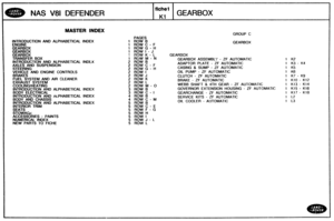 Page 122
MAS V81 DEFENDER 
MASTER INDEX GROUP C 
PAGES 
INTRODUCTION  AND  ALPHABETICAL  INDEX 
1 ROW 8 
1 ROW C - F GEARBOX 
1 ROW G - H 
1 ROW I - J 
1 ROW K - L GEARBOX 
1 ROW M - N 
2 ROW 8 GEARBOX  ASSEMBLY - ZF AUTOMATIC 
INTRODUCTION  AND  ALPHABETICAL INDLX 
AXLES AND SUSPENSION 2 ROW C - F ADAPTOR PLATE - ZF AUTOMATIC 1 K3 - K4 
2 ROW G - H CAStNG & SUMP - ZF AUTOMATIC 
2 ROW I OIL PUMP - ZF AUTOMATIC 
2  ROW 
J CLUTCH - ZF AUTOMATIC 1  K7 - K9 
FUEL  SYSTEM  AND  AIR CLEANER 2 ROW K 
EXHAUST  SYSTEM  2...