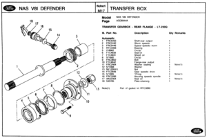 Page 159
NAS V8I DEFENDER TRANSFER BOX 
Mode( NAS V81 DEFENDER 
TRANSFER GEARBQX - REAR FLANGE - LT-230Q 
Ill. Part No. Description Qty Remarks 
Automatic 
1 FRC5450 Shaft-rear output 
2 FRC3162 Worm speedo 
3 
FRC5446 Spacey-speedo worm 
4 RTC3406 
7 FTC4941 Shield  oil 
8  571682 
10 
FTC4942 Flange-rear  output 
11 
FRC2464 Washer  sealing 
12 571468  Washer 
13 
NY120041L 
14 FTC2848 Gear  speedo drive 
1 Note(1) 
16 FRC3286 Housing  speedo sp~ndle 
17 MU2304 
Plate-retaining 
Part  of gasket 
kit RTC3890   