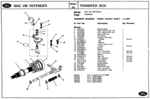 Page 162
NAS V81 DEFENDER TRANSFER BOX 
Mo$el NAS V81 DEFENDER 
TRANSFER GEARBOX - FRONT OUTPUT SHAF? - LT-230T 
Ill. Part No. Description Qty Remarks 
Manual 
4 FRC7871 Bearing-taper 
5 FSC6030 Shaft selector-diff lock 
6 FRC6109 Fork selector-diff lock 
7 FRC5468 
8 FRC5469 
9 FRC8041 
10 FRC5576 
11 NY108041L 
12 WA108051L Washer 
13 FRC7098 Pivot shaft & arm 
14 FRC5473 0 Ring 1 Note(1) 
15 SH108251L 
16 WA108051L Washer 
17 FHC8544 Link connecting 1 Notc(2) 
FTC3698 Link connecting 1 Note(3) 
18 WA106041L...