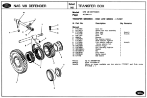 Page 165
NAS V81 DEFENDER TRANSFER BOX 
Page AGDBKAI A 
TRANSFER GEARBOX - HIGH LOW GEARS - LT-230T 
CII. Part No. Description Cky Remarks 
1 FTC1084 Gear low 
2 RTC4373 Sleeve and hub  assembly 
1 Noto(1) 
4 FRC7441 
5  606474 
6 kRC7970 
7 FTC3627 
8 FTC2859 Fork selector high/low 1 Notc(3) 
9 FTC4536 Screw  selector  fork 
10 FRC7929 Selector finger 
11 FRC8900 Arm operating highllow 
12 WA108051L Washer 
13 NY108041L 
14 FRC9549 
15 FRC9546 
16 571146 
Up to 220309416E 
From 2203094 1 7E 
When no longer...