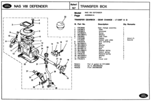 Page 167
NAS V81 DEFENDER TRANSFER BOX 
Model NAS V8l DEFENDER 
AGDBMA1 A 
-------- 
TRANSFER GEARBOX - GEAR CHANGE - ef-230~ & a 
Ill. Part No. Description Qty Remarks 
1 FRC9555 Gear change  assembly 
2 FRC6873 
3 FRC6872 Grommet 
4 FS106207L 
5 WA106041L 
L--- 1 -- 6 FRC8561 Gate Plate 
7 FRC5436 Gasket 1 rJote(l.2) 
Gasket  gate plate 1 Noie(3) 
Arm operating 
10 WA106041L 
12 BH108111L 
Washer spring 
Detent  spring 
17 NY105041L 
Cover end 
Part of gasket  kit RTC3890 
Up to 200299332E 
From 200299333E   