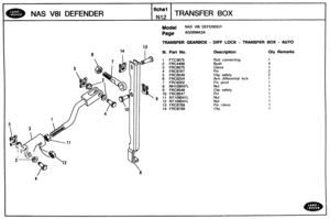 Page 172
2 
TRANSFER BOX NAS V81 DEFENDER 
 
Model NAS V81 DEFENDER 
Page AGDBMA3A 
TRANSFER GEARBOX - DlFF LOCK - TRANSFER BOX - AUTO 
13 
ill. Part No. Desctiption Qty Remarks 
1 FTC3675 Rod  connecting 1 
2 FRC4499 Bush 4 
3 FRC8075 Clevis 1 
4 FRC8767 Pin 2 
5 FRC8548 Clip safety 2 
6 FRC8204 Arm  differential lock 1 
7 FRC8202 Pin pivot 1 
8 NH108047L Nut 1 
9 FRC8548 Clip  safety 1 
10 FRC8547 Pin 1 
11 NTlQ8041L Nut 1 
12 NT108041L Nut 1 
13 FRC8768 Pin clevis 1 
14 FRC8769 Clip 1 
4 
A 
fiche1 
N12   