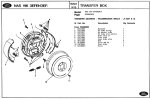 Page 175
NAS V81 DEFENDER TRANSFER BOX 
Model NAS V8I DEFENDER 
Page AGDBRMA 
TRANSFER GEARBOX - TRANSMISSION BRAKE - LV-230T & Q 
Ill. Part No. Description CPty Remarks 
From RA935630 
1 STC1533 
2 STC1526 
3 STC1527 
4 STC1532 Kit brake shoe retent~on 
5 STC1525 Brake  shoe kit 
6 STC1536 Cross shaft 
7 STC1538 Lever  brake shoe 
8 AFU1400 
9 SF108201 Screw M8 20 
10 FRC3502 Drum brake 
11 SA108201   