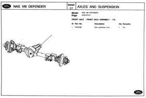 Page 182
Qty Remarks 
1 21L 
NAS V8I DEFENDER AXLES AND SUSPENSION 
Model MAS V8l DEFENDER 
Page AGEXCA1 A 
FRONT AXLE - FRONT AXLE ASSEMBLY - 110 
Ill. Part No. Description 
1 FRC8783 Axle assembly front   