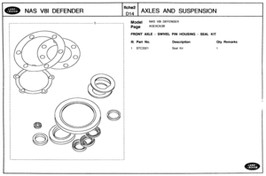 Page 207
Qty Remarks 
1 
NAS V81 DEFENDER AXLES AND SUSPENSION 
Modal NAS V81 DEFENDER 
i Page AGEXCK3B I I 
j FRONT AXLE - SWIVEL PIN HOUSING - SEAL KIT I I 
I 
I I Ill. Part No. Description 1 I I I 
I 
I 
I 
I 
I 
1 STC3321 Seal Kit 
I I 
I 
I I I I I I 1 I I I 
1 I 
I 
I I I I I I 
I   