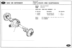 Page 210
NAS V81 DEFENDER AXLES AND SUSPENSION 
Mode( NAS V81 DEFENDER 
Page AGEXE ~1 A 
1 --------------------------------- REAR AXLE - REAR AXLE ASSEMBLY - 110 
Ill. Part No. Description Qty Remarks 
1 FTC2353 Axle assembly rear 1 21s 
2 FTG221. Housing assembly 1 Pdotc(l,?) 
FTC372 1 Housing assembly 1 NotiA3) 
Note(1) Axle Assembly Rear - Less axle shafts. ilc~t?s and br; .ces 
Note(2) Up to RA930434 
Note(3) From RA930435   