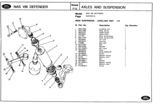 Page 244
GOty Remarks 
Model NAS V81 DEFENDER 
Page AGEXKGI A 
REAR SUSPENSION - LEVELLING UNIT - 110 
Ill. Part No. Description 
1 NRC7050 Levelling  unit 
2 NRC7066 Ring  spring 
3 NRC5707 Gaiter-upper 
4 NRC6561 Gaiter-lower 
5 577703 Ring  spring-large 
6 90577704 Ring spring-small 
7 NRC8007 Dirt seal 
8 NRC8375 Housing 
9 575882 Ball  joint 
10 BH110351 Bolt 
11 NRC5758 Washer 
12 NY110047L Nut nyloc 
13 NRC6320 Strap 
NRC85 18 Strap-additional 
14 SH106301 Screw 
15 WL106001L Washer  spring 
Washer  plain...