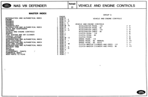 Page 267
NAS VSI DEFENDER VEHICLE AND ENGINE CONTROLS 
MASTER INDEX GROUP G 
PAGES 
IMTRODUCTIOPJ AND  ALPHABETICAL INDEX 1 ROW B 
1 ROW C - F VEHICLE  AND  ENGINE CONTROLS 
1 ROW G - H 
1 ROW I - J 
1 ROW K - L VEHICLE  AND  ENGINE  CONTROLS 
TRANSFER 
BOX 1 ROW M - N  ACCELERATOR  PEDAL - 110 
INTRODUCTION 
AND ALPHABETICAL  INDEX 2 ROW B 
2 ROW  C - F ACCELERATOR  PEDAL - 90 
2 ROW G - H ACCELERATOR  CABLE - 110 
2 ROW I ACCELERATOR  CABLE - 90 
2 ROW J CLUTCH PEDAL - 110 
2 ROW K 
EXHAUST 
SYSTEM 2 ROW L...