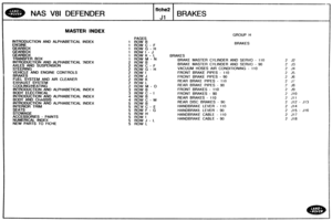 Page 280
f iche2 
NAS V81 DEFENDER 
J1 
BRAKES 
INTROOUCTION AND ALPHABETICAL INDEX 
GEARBOX 
TRANSFER BOX 
INTRODUCTlON AND ALPHABETICAL :NDEX 
AXLES  AND  SUSPENSION 
STEERING 
VEHICLE 
AND ENGINE  CONTROLS 
BRAKES 
FUEL %STEM AND  AIR CLEANER 
EXHAUST 
SYSTEM 
COQLINGMEATING 
INTRODUCTION  AND ALPHABETICAL  INDEX 
BODY ELECTRICAL 
INTRODUCTlON AND ALPHABETICAL  INDEX 
BODY AND CHASSIS 
DNTRODUCTION AND ALPHABETICAL INDEX 
lNTERlOR TRIM 
SEATS 
STOWAGE 
ACCESSORIES - PAINTS 
NUMERICAL  INDEX 
NEW PARTS TO...