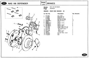 Page 291
Qty Remarks 
NAS V81 DEFENDER 
BRAKES - WEAR DISC BRAKES - 90 
Ill. Part No. Description 
1 FTC1381 Disc brake 
2 FTC3320 Mudshield RH 
FTC332 1 Mudshield LH 
Bracket  mounting 
3 FTC1368 Bolt Special MI0 
4 WM600061L Washer  spring 
5 255207 Screw 
6 WM600041 L Washer  spring 
7 SH604871L Screw 
8 WL106001L Washer  spring 
9 WA106041L Washer plain 
Caliper  brake 
RH rear 
Caliper  brake 
LH rear 
11 STC1279 Kit caliper  piston 
12 RTC1137 Seal 
13 RTC1526 Nipple bleed 
14 594091 Cover dust 
15 AEU1547...