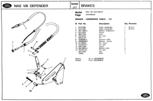 Page 296
Qty Remarks 
NAS V81 DEFENDER 
Model NAS V81 DEFENDER 
BRAKES - HANDBRAKE CABLE - 110 
Ill. Part No. Description 
1 NTC3480 Cable handbrake 
2 STC1530 Cable handbrake 
3 
WF116001L Washer  shakeproof 
4 
NTC1643 Carrier 
5 NR67644 Lever 
6 
PS104161 Pin spl~t 
7 NRC5104 Pin 
8 SH606061 L  Screw-to pillar 
9 WM600061 L  Washer spring 
10 PC108291  Pin 
clevis 
11 PS104127L Pin  split 
12 
NRC7648 Clevis 
13 WA1080511 Washer  plain 
14 
PS104127L Pin  split 
AEU 1446 Clip 
78248 Rivet 
Up to 200290863E...