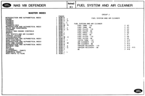 Page 298
MASTER INDEX 
AS V81 DEFENDER 
INTRODUCTION AND ALPHABETICAL  INDEX 
ENGINE  GEARBOX 
GEARBOX 
GEARBOX  TRANSFER 
BOX 
INTRODUCTION  AND  ALPHABETICAL INDEX 
AXLES AND SUSPENSlON 
STEERING 
VEHICLE AND 
ENGINE CONTROLS 
BRAKES  FUEL 
SYSTEV AND AIR  CLEANER 
EXHAUST  SYSTEM 
C00tlMG/MEATONG 
lNTRODUCTIOP1 AND ALPHABETICAL INDEX 
BODY ELECTRiCAL 
INTRODUCTION AND ALPHABETICAL  INDEX 
BODY AND  CHASSIS 
IMTRODUCTION AND ALPHABETICAL  INDEX 
INTERIOR 
TRIM 
SEATS 
STOWAGE 
ACCESSORIES - PAINTS 
f iche2 
K1...