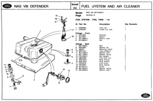 Page 299
Qty Remarks 
NAS V81 DEFENDER YSTEM AND AIR CLEANER 
Madel NAS V81 DEFENDER 
FUEL SYSTEM - FUEL TANK - 110 
Ill. Part No. Description 
1 ESR2000 Tank fuel 
17 2 ESR2204 Cradle fuel tank 
5 WCf08051L 
6 NYl08041L 
Fiings - Rear 
7 BH110091L Bolt 
8 NRC6097 Washer tab 
Mounting  rubber 
Tube distance 
5 11 WJl10001L Washer plain 
12 
WL110001 L  Washer sprlng 
13 FN110047L Nut  flanged 
14 
AMR2365 Fuel level  unit 
15 ARA1501L Ring  locking 
16 
ARA1502L Ring  sealing 
3 17PRC8318 Fuel pump 
18 PRC5852...