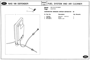 Page 313
NAS V81 DEFENDER FUEL SYSTEM AND AIR CLEANER 
Model NAS V81 DEFENDER 
EVAPORATIVE EMISSION VAPOUR  SEPARATOR - 90 
1 -------------------------------.------------------ Ill. Part No. Description Qty Remarks 
I I I I 1 ESR2691 Separator - EVAP-VS I I 2 AB614061L I 1 3 WC106041L %asher plain I I I 1 I I I I I I I I I I I I 1 I 
I I I I 
I 
I I I 
I 
I I I 
I I   