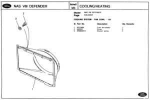 Page 322
Qty Remarks 
NAS V81 DEFENDER COOLINGIHEATING 
Model NAS V8l OEFENQER 
COOLING SYSTEM - FAN COWL - 110 
Ill. Part No. Description 
1 NTC5685 Cowl  fan-radiator 
2 562979 Screw 
3 WS600047L Washer spring   