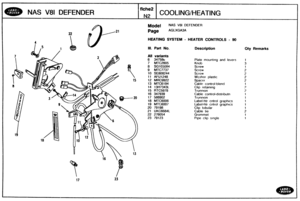 Page 339
NAS V81 DEFENDER @OOLING/)dEATING 
Model NAS V81 DEFENDER 
HEATING SYSTEM - HEATER CONTROLS - W 
Ill. Bart No. Description Clity Remarks 
All variants 
6 34758b 
7 MTC2865 
8 SG103084 
9 MTC7737 
10 SEN8244 
11 AFU1248 Wzsher plastic 
12 MRC8922 
13 MTC6194 
14 13H7343L Clip  retaining 
15 RTC5978 Trunn~on 
16 347939 Cable  control-distributn 
Trunn~on 
Label-htr  cntrol graphics 
19 MTC6007 Label-htr cntrol graphics 
Clip 
ti~bular 
21 UKC6684L Cable  tie 
Grommet  Pipe  clip 
single   