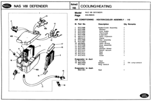 Page 343
NAS V81 DEFENDER COOLINGIHEATING 
Model N!L$ V0l DEFENDER I I 
I 
I Page A(iLXMA2A 
I I 1 I I AIR CONDITIONING - HEATEWCOOLER ASSEMBLY - 310 I I I 1 I I Ill. Part No.  Description Qty Remarks 
I 1 8 I 1 RTC7588 HeaterICooler Assembly 1 
2 RTC7456 Resistor 1 
3 RTC7433 Core  heater 1 
4 RTC7434 Thermostat 1 
5 RTC7436 Evaporator 1 
6 AEU1213 Valve expansion 1 
I 7 AEU1214 Clamp 1 I I 8 RTC7458 Pipe  assembly 1 I 9 RTC7457 Coupl~ng 1 
10 AEU3055 Valve  servtce 1 
I 11 RTC7439 I Hose assembly 1 12 RTC7454...