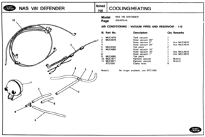 Page 345
NAS V81 DEFENDER COOLlNG/HEATING 
Model NAS V8l DEFENDER 
Page AGLXPAI A 
AIR CONBlTlOhelNG - VACUUM PIPES AND RESERVOIR - I10 
II. Part No. Description Qty Remarks 
Tank vacuum 
Hose vacuum 38 
Hose vacuum 5 1 Use MlJC4878 
Hose  vacuum 20 1 Use MUC4878 
5 MUC4455 
6 MUC4866 Hose vacuum 10 
Hose  vacuum  10 1 Use MUC4878 
1 Use MUC4878 
10 MUC1671 Harness  vacuum 1 Note(1) 
11 MUC4871 Harness vacuum 1 Note(1) 
ATU1041 Clamp hose 
No 
longer available,  use STC1569   