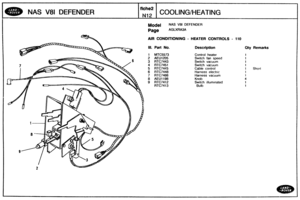 Page 349
Qty Remarks 
NAS V81 DEFENDER 
M~Qgsl NAS V81 DEFENDER 
AIR CONDITIONING - HEATER CONTROLS - 110 
Ill. Part No. Description 
1 MTC5573 Control  heater 
2 AEU1205 Switch fan speed 
3 RTC7443 Switch  vacuum 
4 RTC7451 Switch vacuum 
5 RTC7445 Cable cor~trol 
6 RTC7448 Harness  electric 
7 RTC7466 Harness  vacuum 
8 AEU1198 Knob 
9 RTC7412 Switch illum~nated 
1 
1 
1 
1 
1 Short 
1 
1 
4 
1 
1   