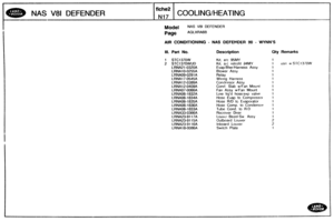 Page 354
NAS V81 DEFENDER COOLINGIHEATING 
Model NAS V81 DEFENDER 
Page AGLXRA6B 
AIR CONBlTlONlNG - NAS DEFENDER 90 - WYNNS 
I 
I 
Ill. Part No. Description Qty Remarks 
I 
1 STC1370W 
2 STC1370WUD 
LRNA2 1 -0320A 
LRNA 10-0255A 
LRNA09-029 1 A 
LRNAl7-0545A 
LRNA12-0399A 
LRNAl2-O409A 
LRNA07-0066A 
LRNA06- 1832A 
LRNA06- 1834A 
LRNA06- 1 835A 
LRNAOB- llf36A 
LRNAOB- 1 833A 
LRNA33-0366A 
LRNA23-9117A 
LRNA23-9115A 
LRNA23-9116A 
LRNAl8-0086A 
Kit, a!c 95MY 
Kit, ac retrofit 94MY 
EvapiBlwrlHarness Assy...