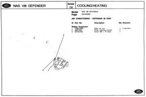 Page 360
NAS V81 DEFENDER COOLING/HEATING 
Model NAS V81 DEFENDER 
Page AGLXRASA 
AIR CONDlflONlNG - DEFENDER 90 97MY 
ill. kart No. Description 
Relays Evaporator 
1 YWB10832L Relay a~r con 
2 AMR1935 Relay retarning bracket 
3 SE105105L Screw M5 x 10 black 
:1 Evaporator 
4 
4   