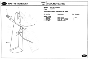 Page 361
Relay air con 
Reiay  retaining  bracket 
Screw 
M5 x 10 black 
Case  relay  cover 
Qty Remarks 
NAS V89 DEFENDER COOLINGtHEATING 
Model NAS V81 DEFENDER 
AIR CONDITIONING - DEFENDER 90 9tMY 
111. part NO. Description 
Relays Facia 
1 YWBfW32L 
2 AMR1935 
. .. . 3 SE105105L 
4 STC3W3   