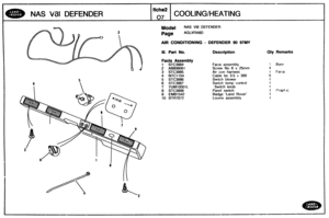 Page 362
NAS V81 DEFENDER COOLINGIHEATING 
Model AS V8l DEFENDER 
AIR COfdDlTlONlNG - DEFENDER 90 97MY 
Ill. Part No. Description Qty Remarks 
Facia Assembly 
1 STC3984 Fac~a assembly ! Bare 
2 AB606061 Screw No 6 x 25mm 
3 STC3985 Air con  harness I Facta 
4 NTC1154 Cable tie 3.5 x 300 
5 
STC3986 Swltch blower 
6 STC3987 Swltch temp control 
7 YUM10001L Switch  knob 
8 STC3988 Panel switch 1 Grapl IC 
9 EMB1542 Badge  Land  Rover 
10 
BTR7072 Louvre  assembly   