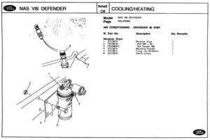 Page 363
Receiver dryer 
Bolt 
M8 x 90 
Nut  flanged M8 
Mounting  bracket 
F~xlng clip 60-80mm 
Switch trinary 
Qty Remarks 
MAS V81 DEFENDER COOLING/HEATING 
Model NAS V8l DEFENDER 
AIR CONDITIONING - DEFENDER 90 97MY 
Ill. Part No.  Description 
Receiver Dryer 
1 STC3973 
2 FB108181 
3 FN108047L 
4 STC3974 
5 STC3975 
6 STC3976   