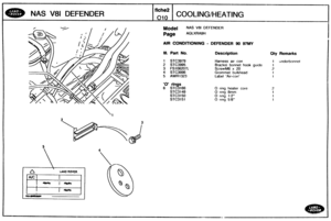 Page 365
NAS V81 DEFENDER COOLINGIHEATING 
Model NAS V81 DEFENDER 
AIR CONDITIONING - DEFENDER 90 97MY 
Ill. Part No. Description Qty Remarks 
1 STC3979 Harness air con 1 rinderbonnst 
2 ST63995 Bracket  bonnet hook gltide 
3 FS106207L ScrewM6 x 20 
4 STC3996 Grommet  bulkhead 
5 AWR1323 Label Air-con 
6 STC3166 0 ring  heater  core   